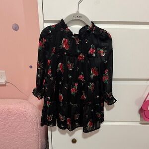 Floral Black Dress with Red and Green Accents
